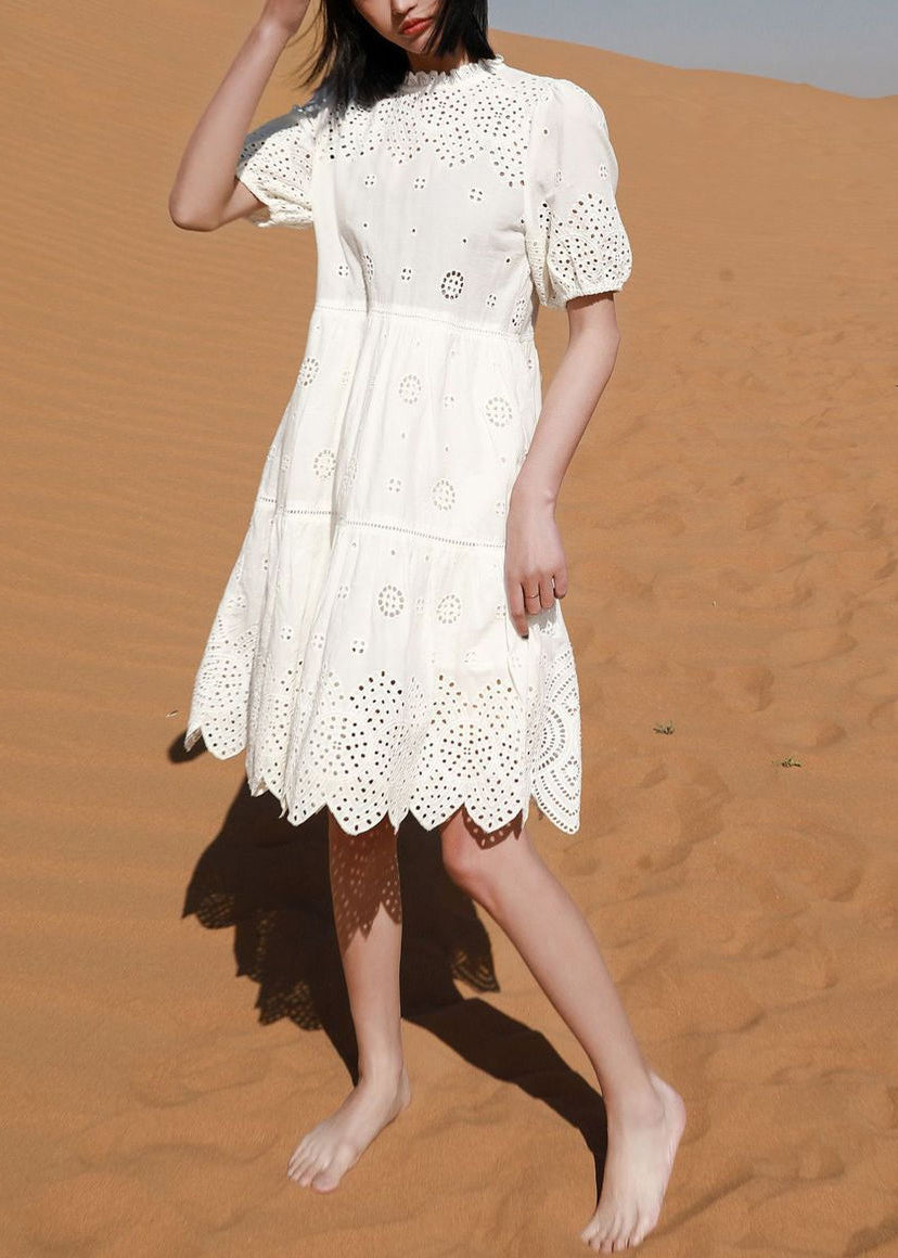 Art White Embroidered Hollow Out Cotton Dresses Summer