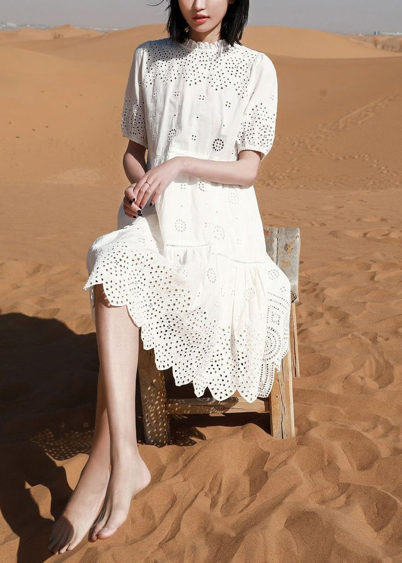 Art White Embroidered Hollow Out Cotton Dresses Summer