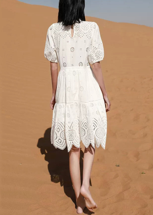 Art White Embroidered Hollow Out Cotton Dresses Summer