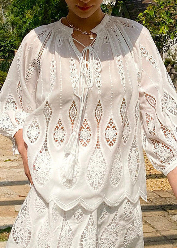 Art White Embroidered Hollow Out Cotton Shirt Summer