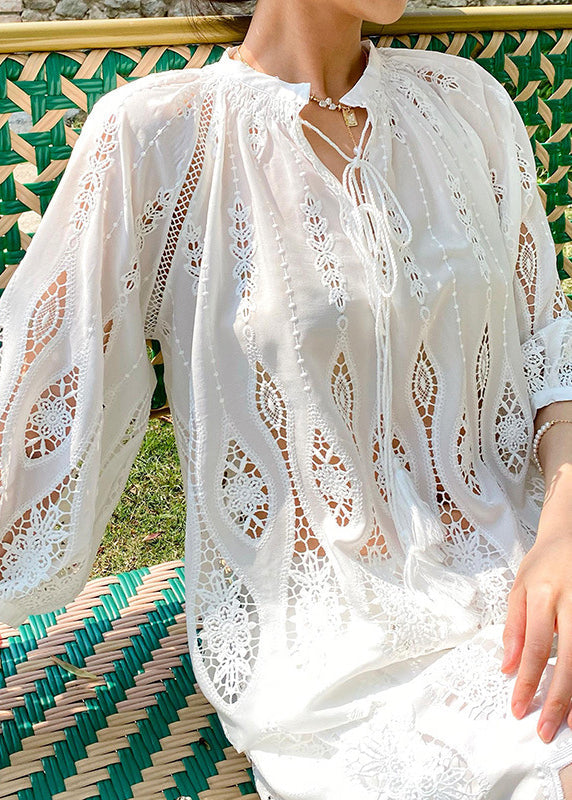 Art White Embroidered Hollow Out Cotton Shirt Summer