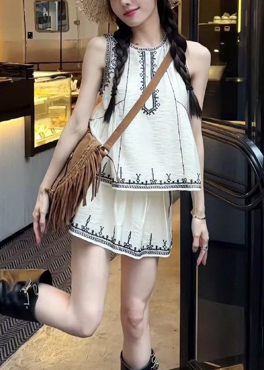Art White Embroidered Tops And Skirts Cotton Two Pieces Set Sleeveless