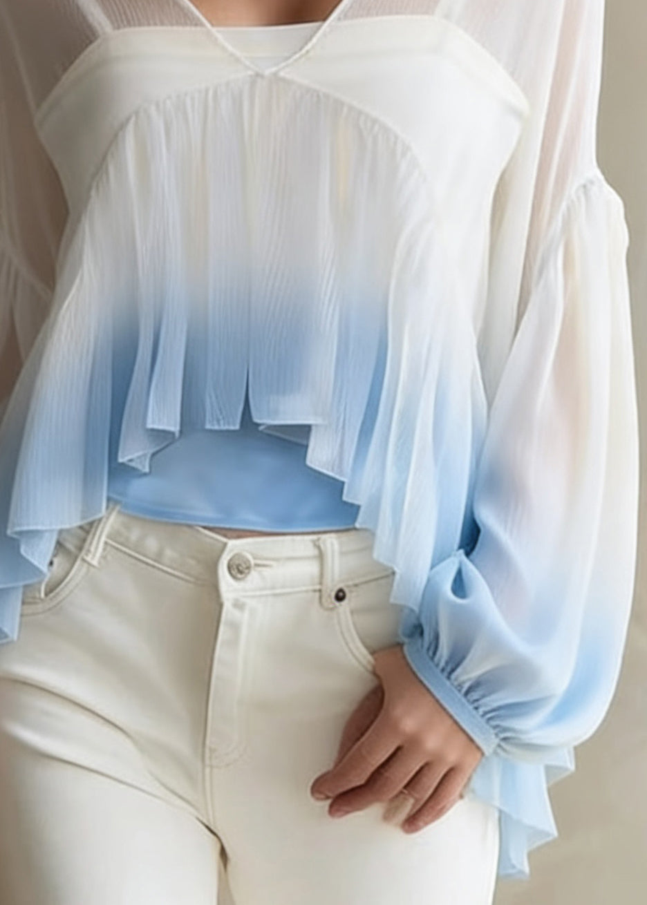 Art White Gradient Color V Neck Wrinkled Chiffon Shirt Spring