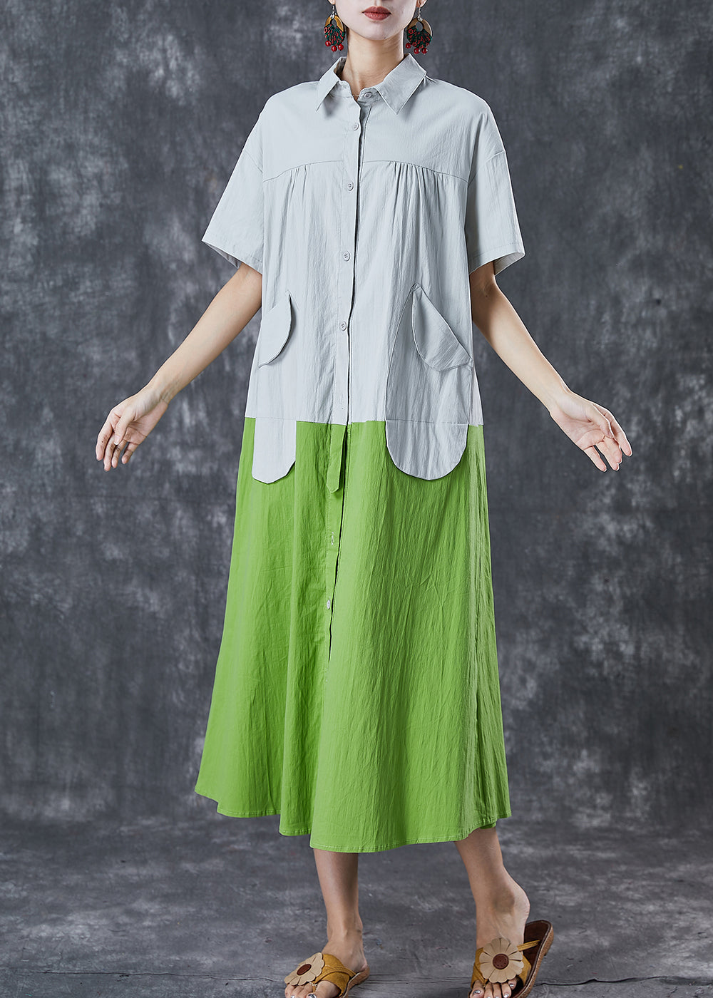 Art Green Oversized Patchwork Pockets Cotton Shirt Dresses Summer