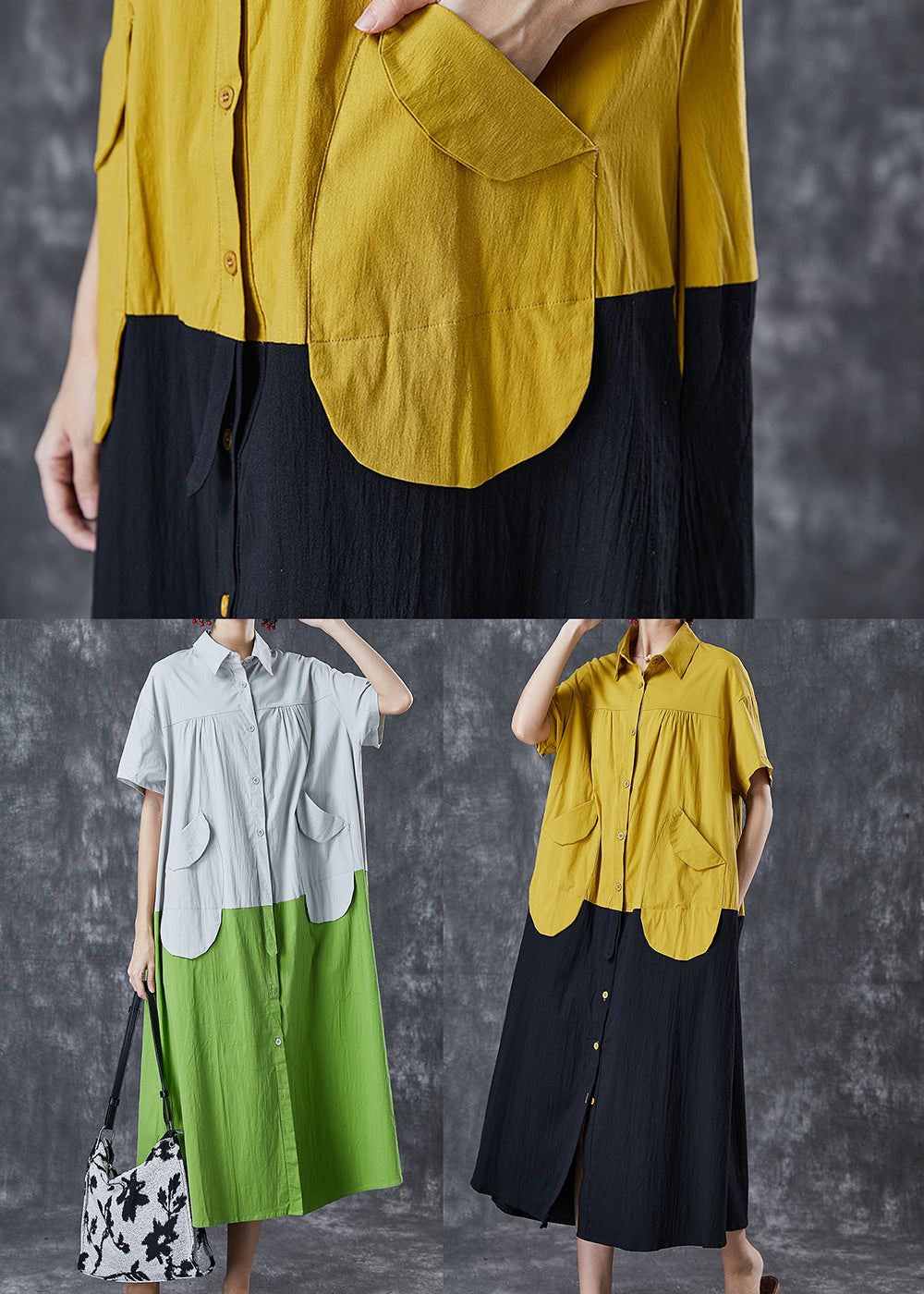 Art Green Oversized Patchwork Pockets Cotton Shirt Dresses Summer