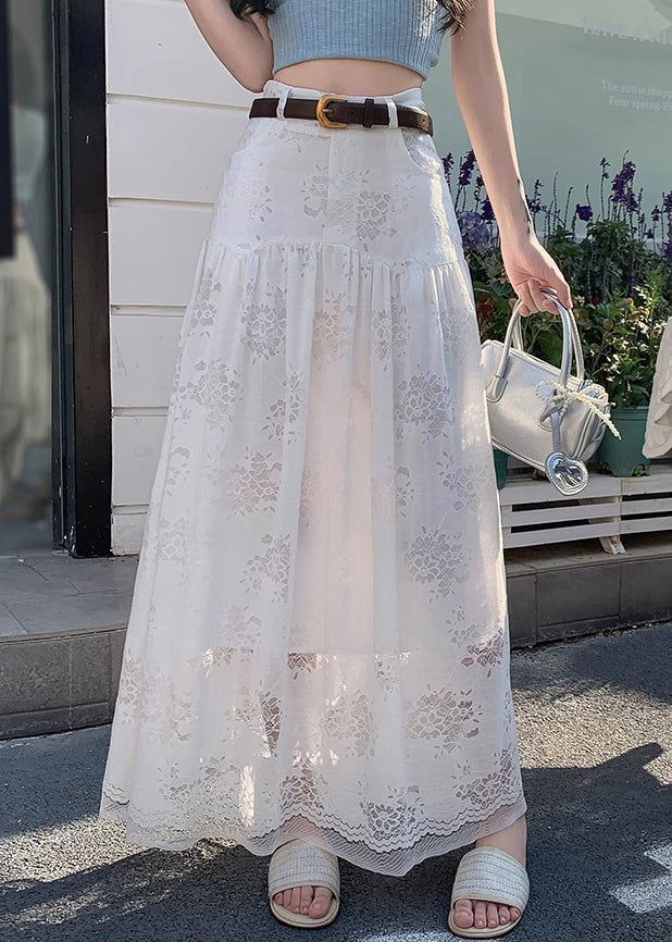 Art White Hollow Out High Waist Lace Skirt Summer