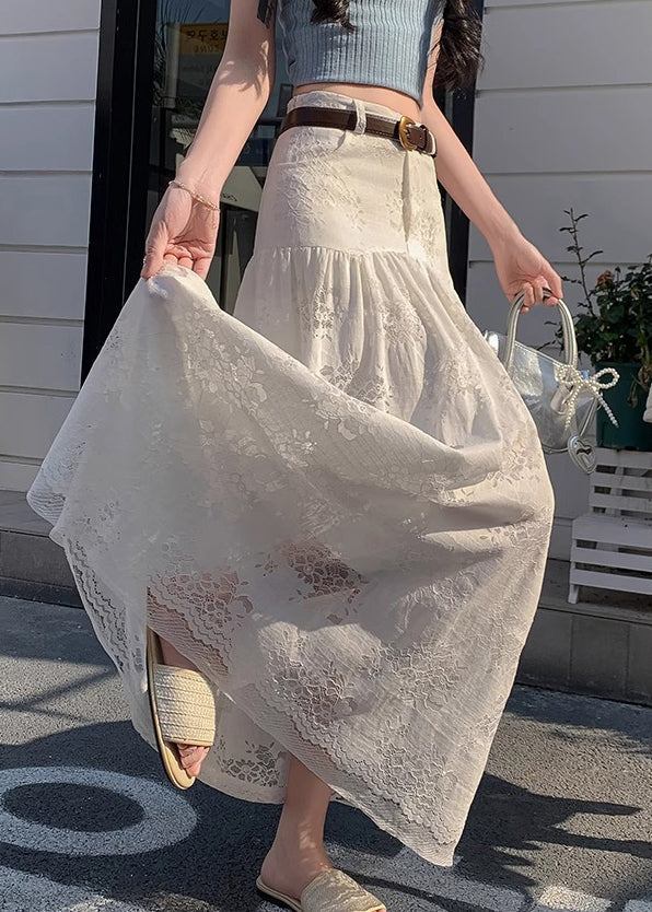 Art White Hollow Out High Waist Lace Skirt Summer