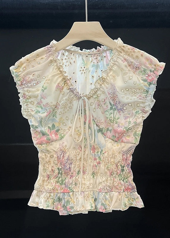 Art White Hollow Out Lace Up Cotton Shirt Summer