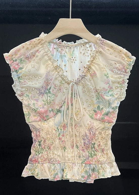 Art White Hollow Out Lace Up Cotton Shirt Summer