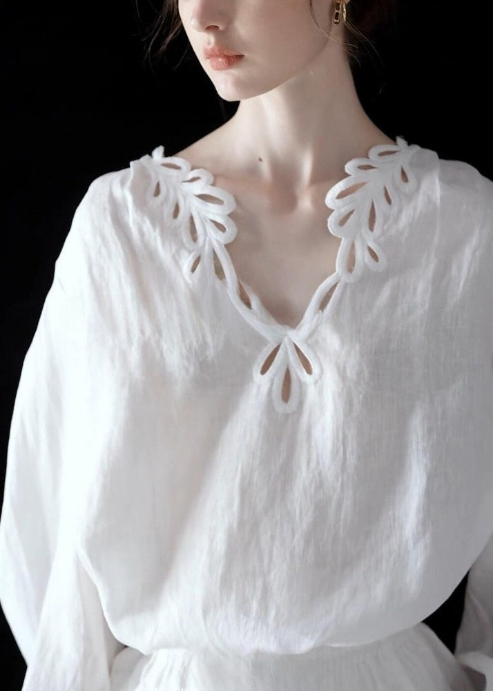 Art White Hollow Out Solid Cotton Blouse Top Fall