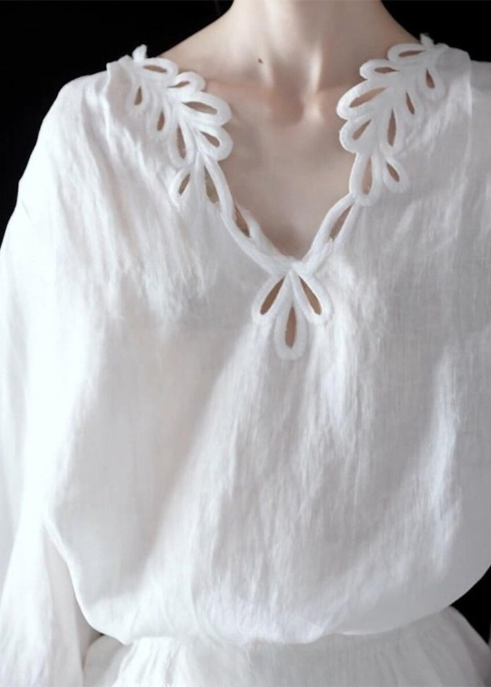 Art White Hollow Out Solid Cotton Blouse Top Fall