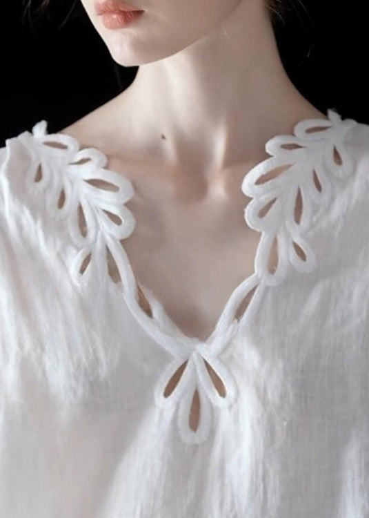 Art White Hollow Out Solid Cotton Blouse Top Fall