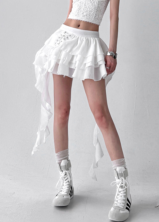 Art White Lace Up Cotton Asymmetrical Skirts Summer