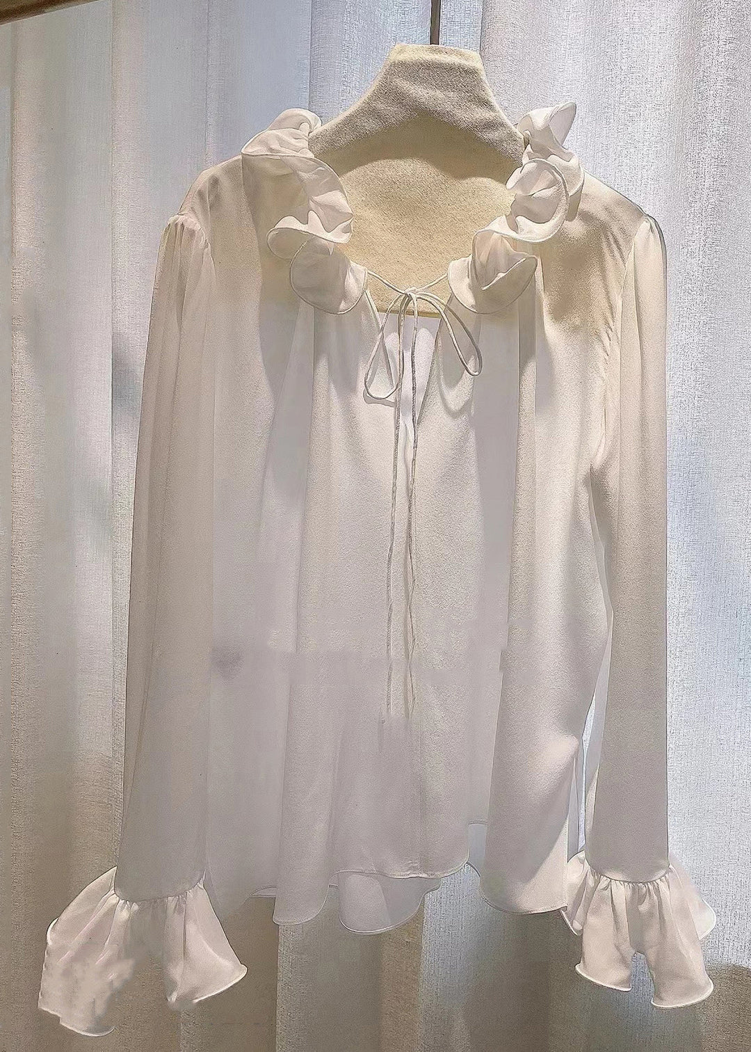 Art White Lace Up Solid Cotton Blouses Butterfly Sleeve