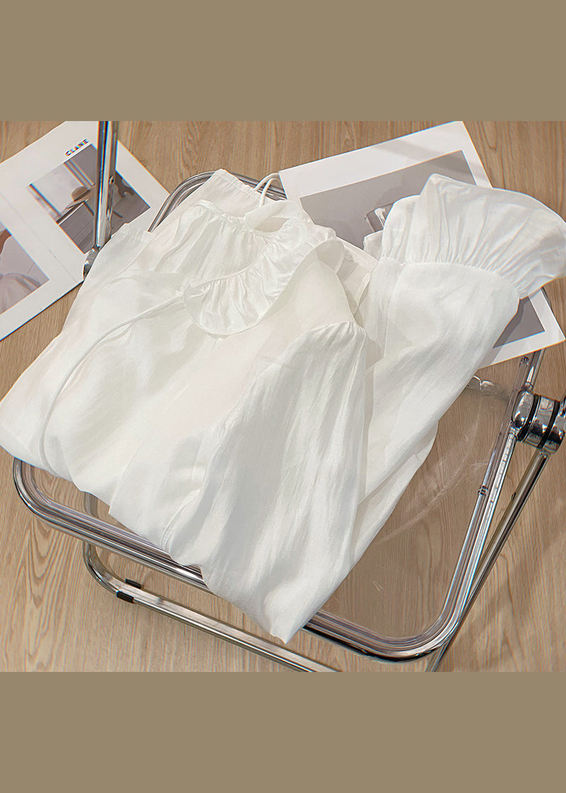 Art White Lace Up Solid Cotton Blouses Butterfly Sleeve