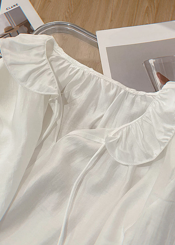 Art White Lace Up Solid Cotton Blouses Butterfly Sleeve
