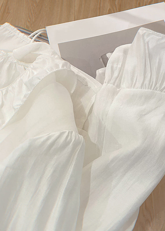 Art White Lace Up Solid Cotton Blouses Butterfly Sleeve