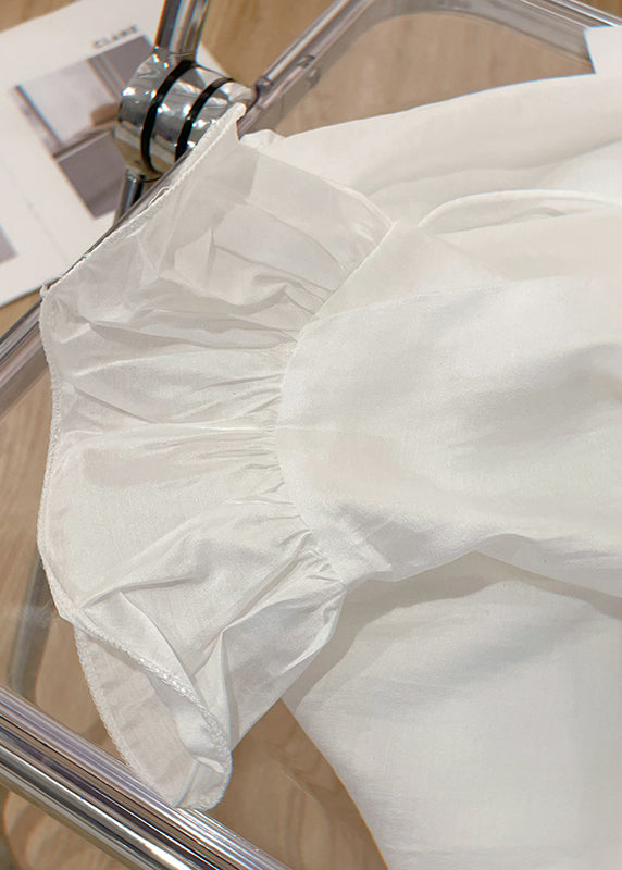 Art White Lace Up Solid Cotton Blouses Butterfly Sleeve