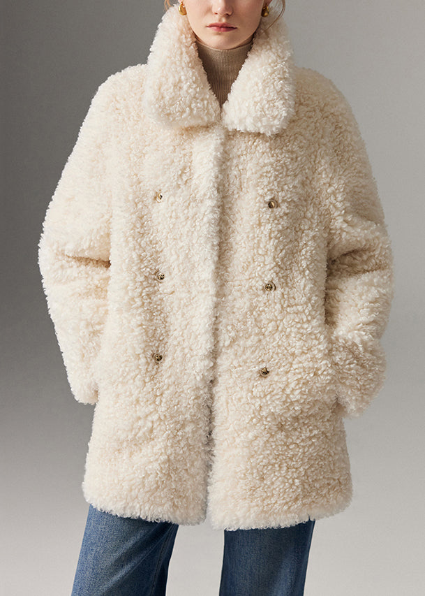 Art White Peter Pan Collar Pockets Teddy Faux Fur Coats Winter