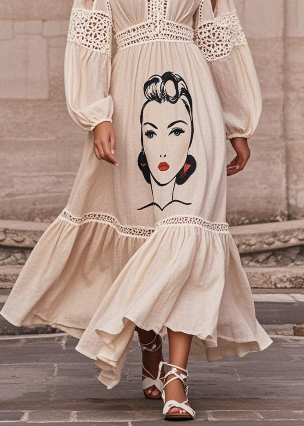 Art White Print Patchwork Hollow Out Cotton Dress Summer