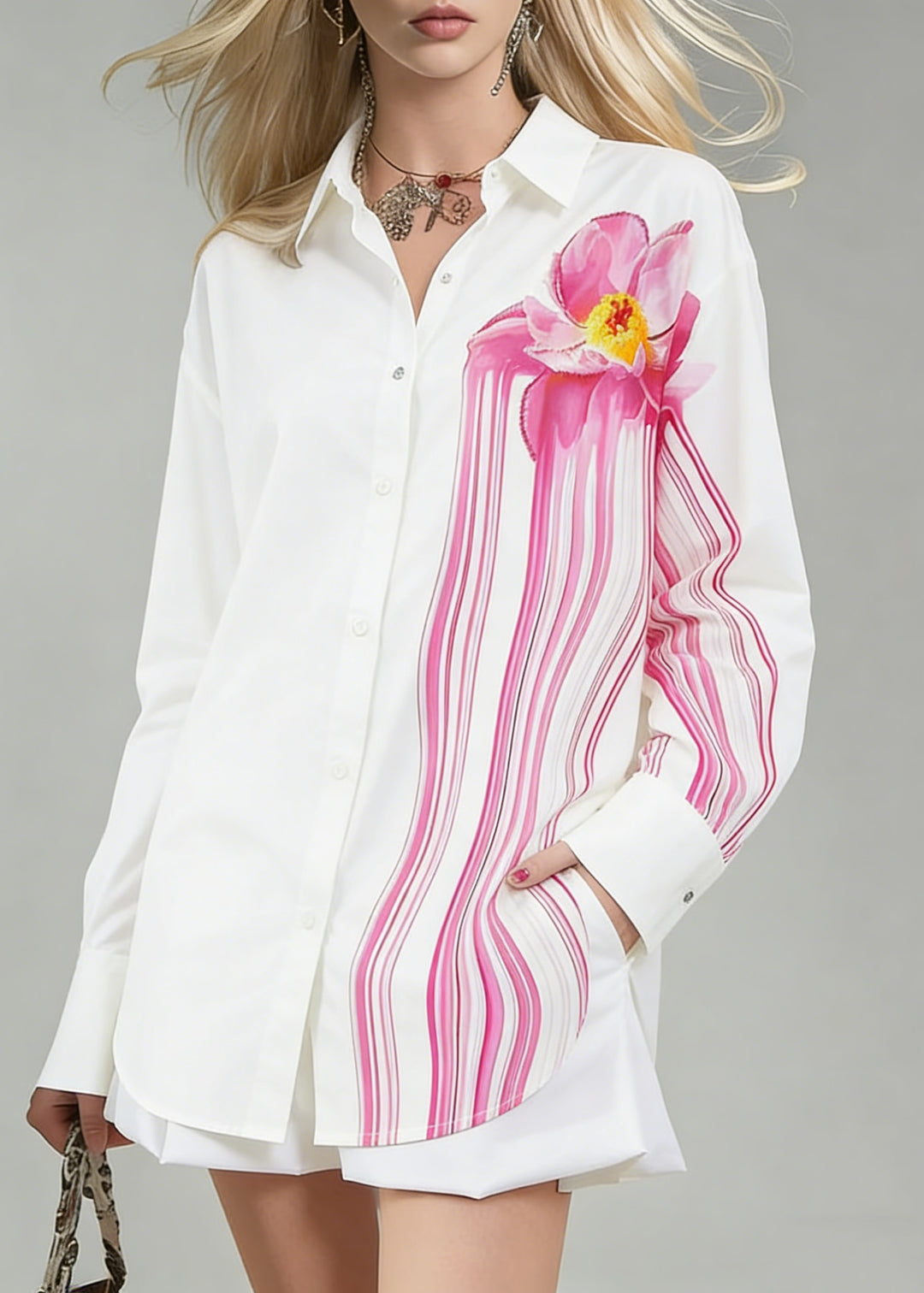 Art White Print Side Open Cotton Blouse Spring