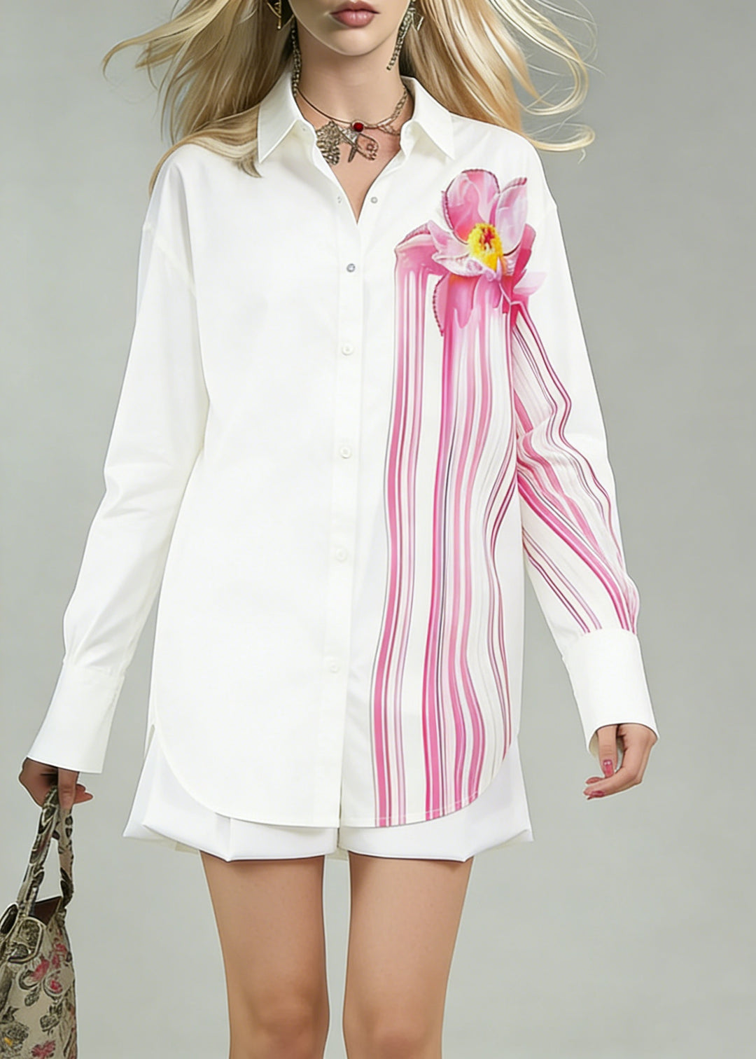 Art White Print Side Open Cotton Blouse Spring