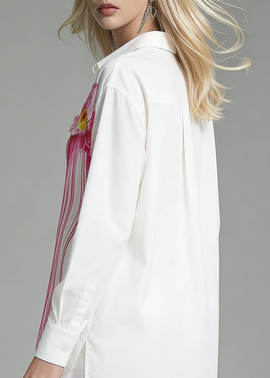 Art White Print Side Open Cotton Blouse Spring