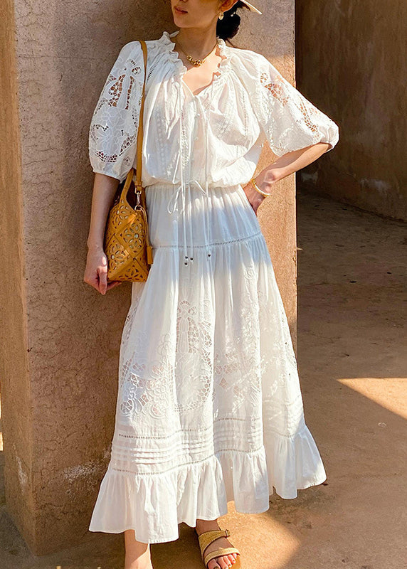 Art White Ruffled Hollow Out Cotton Shirts And Skirts Two Pieces Set Half Sleeve