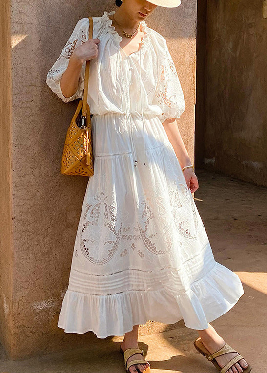 Art White Ruffled Hollow Out Cotton Shirts And Skirts Two Pieces Set Half Sleeve