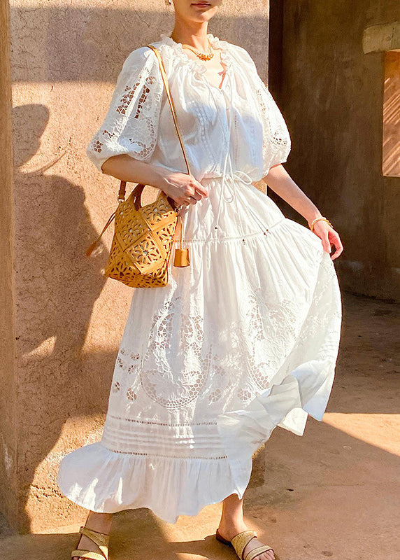 Art White Ruffled Hollow Out Cotton Shirts And Skirts Two Pieces Set Half Sleeve