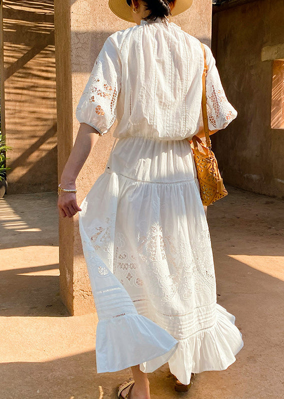 Art White Ruffled Hollow Out Cotton Shirts And Skirts Two Pieces Set Half Sleeve