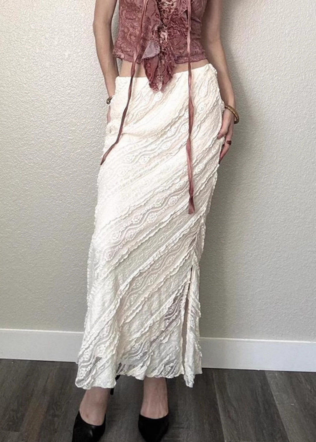 Art White Side Open High Waist Lace Skirts Summer