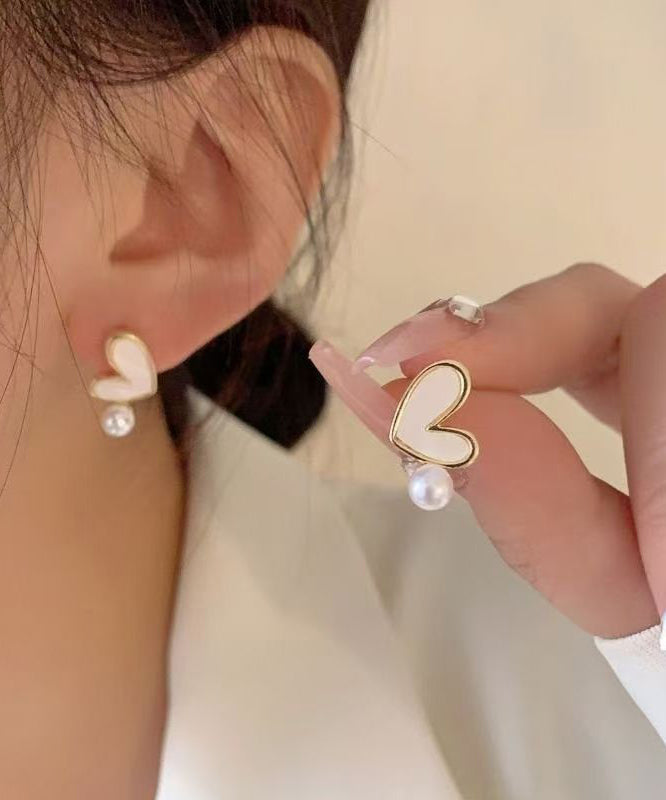 Art White Sterling Silver Overgild Zircon Pearl Love Stud Earrings