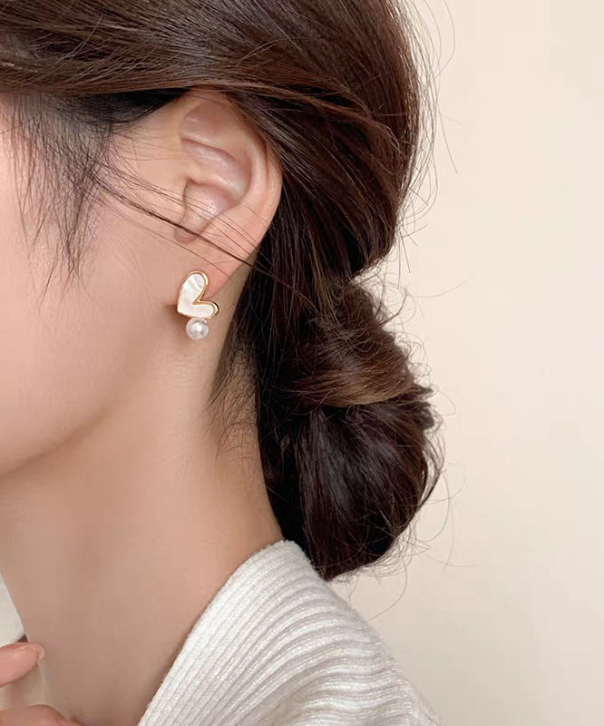 Art White Sterling Silver Overgild Zircon Pearl Love Stud Earrings