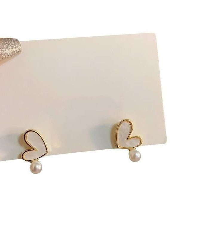 Art White Sterling Silver Overgild Zircon Pearl Love Stud Earrings