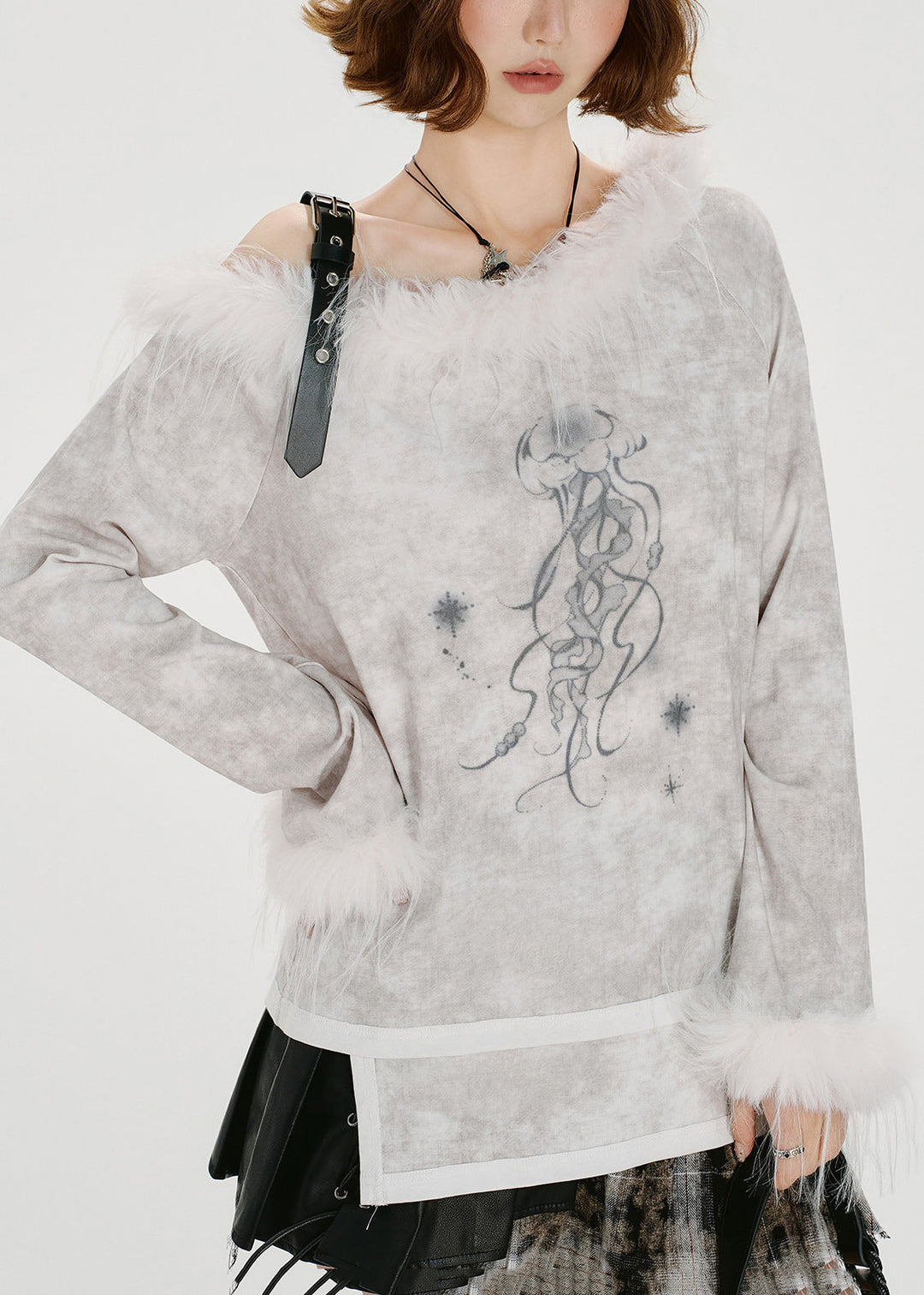 Art White Tie Dye Asymmetrical Patchwork Faux Fur One Shoulder Tops Spring