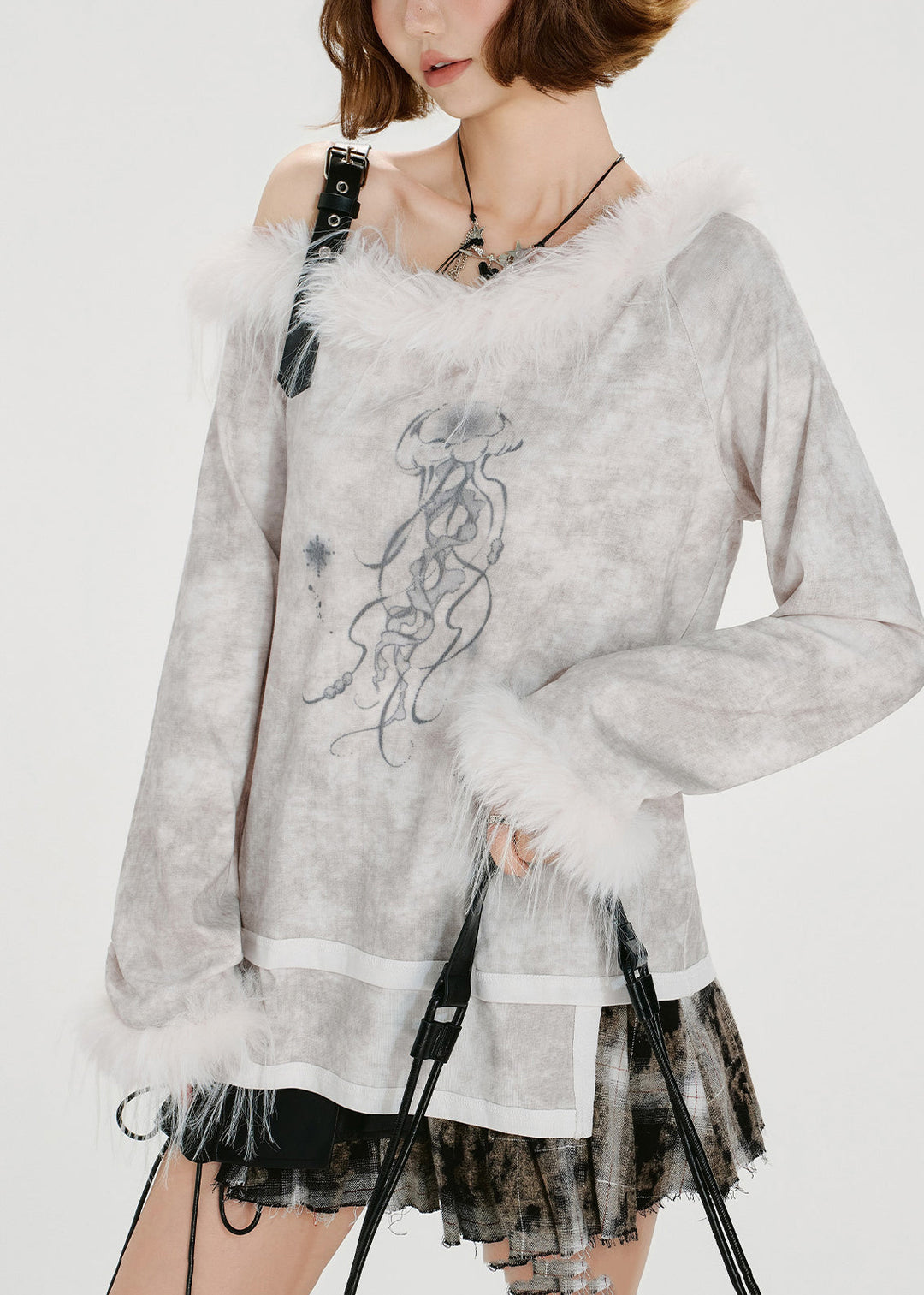 Art White Tie Dye Asymmetrical Patchwork Faux Fur One Shoulder Tops Spring