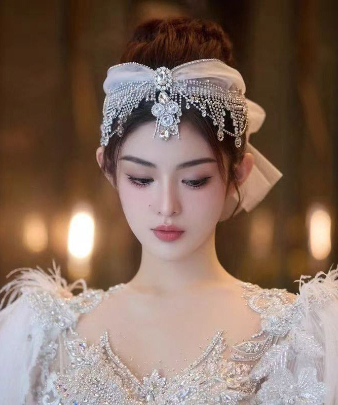 Art White Tulle Patchwor Crystal Zircon Tassel HairPiece
