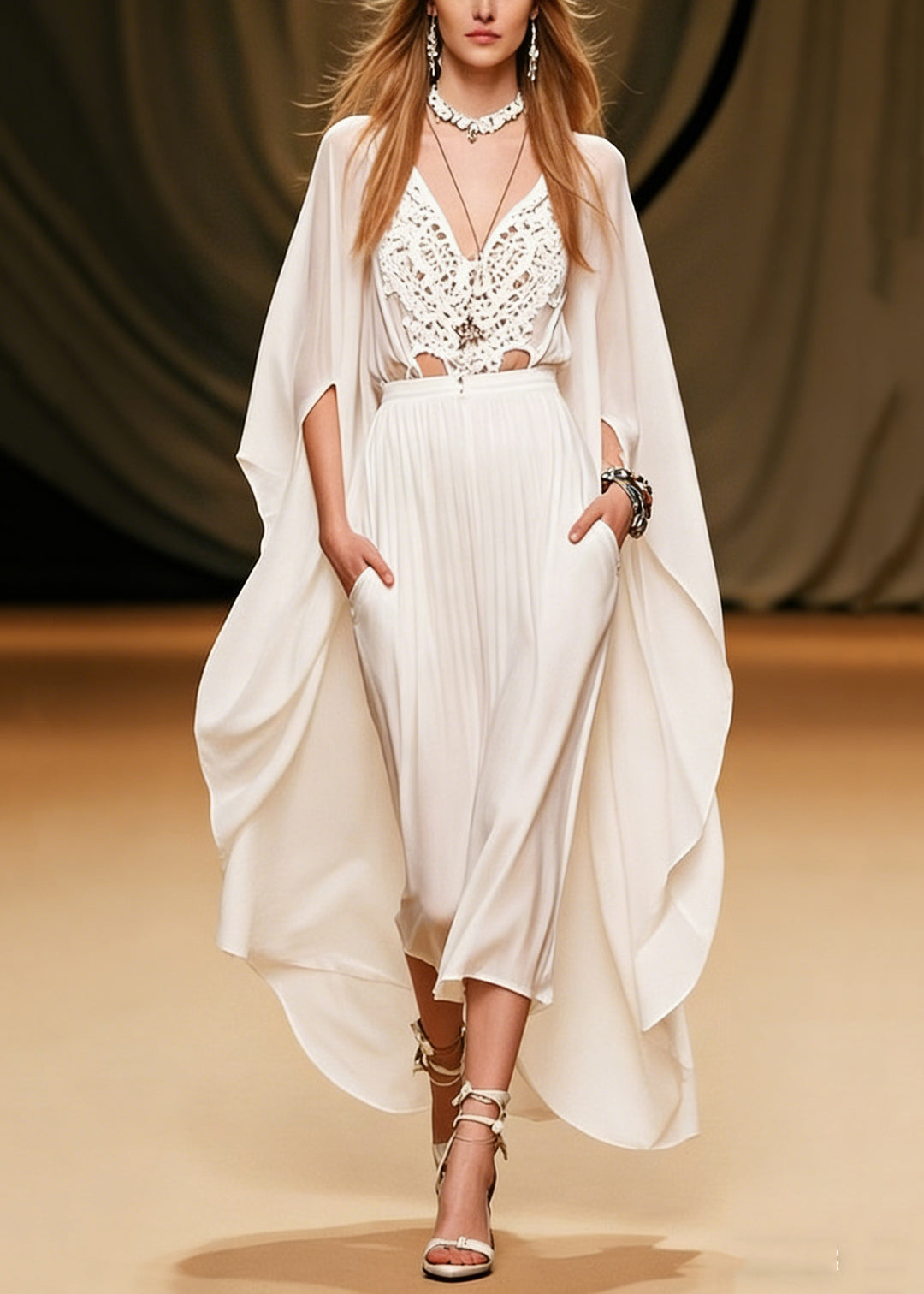 Art White V Neck Hollow Out Pockets Solid Chiffon Two Piece Set Batwing Sleeve