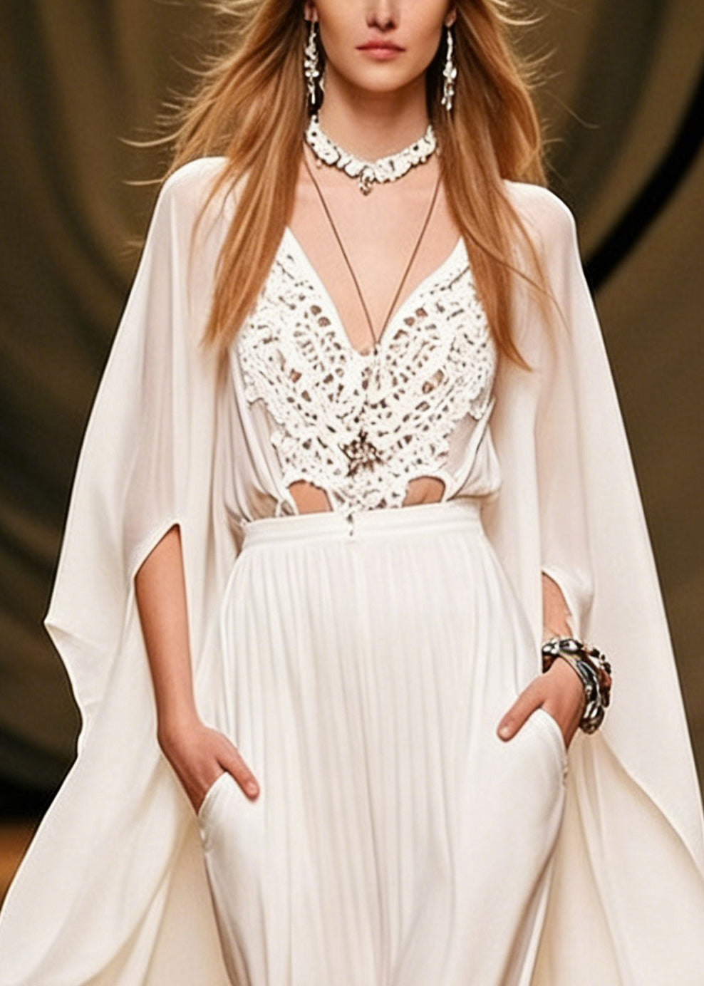 Art White V Neck Hollow Out Pockets Solid Chiffon Two Piece Set Batwing Sleeve