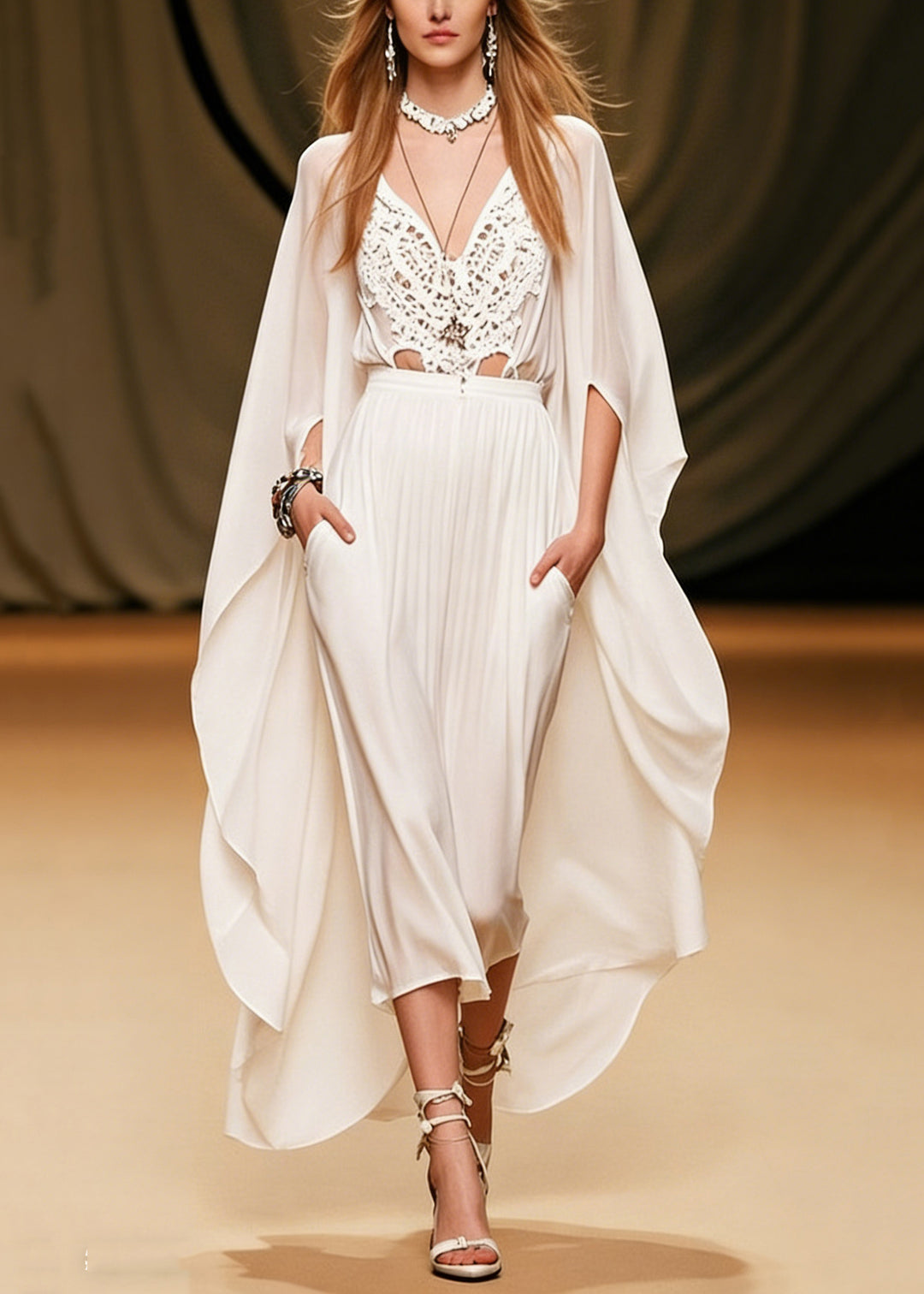 Art White V Neck Hollow Out Pockets Solid Chiffon Two Piece Set Batwing Sleeve