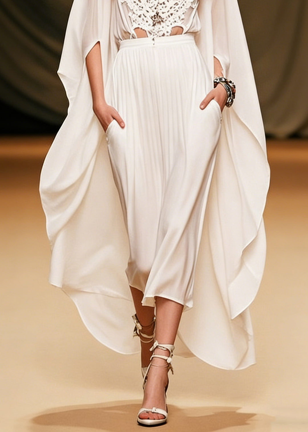 Art White V Neck Hollow Out Pockets Solid Chiffon Two Piece Set Batwing Sleeve