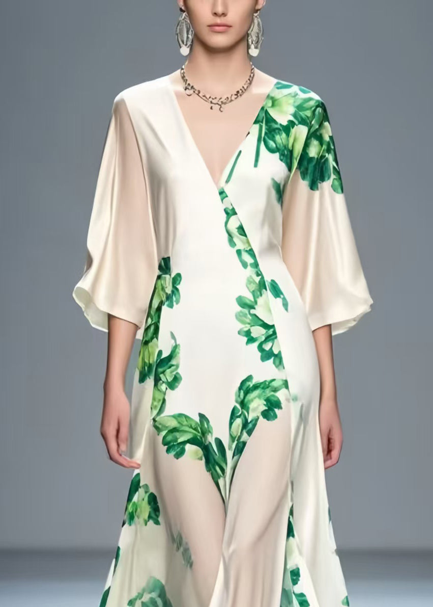 Art White V Neck Leaf Print Silk Party Dress Summer