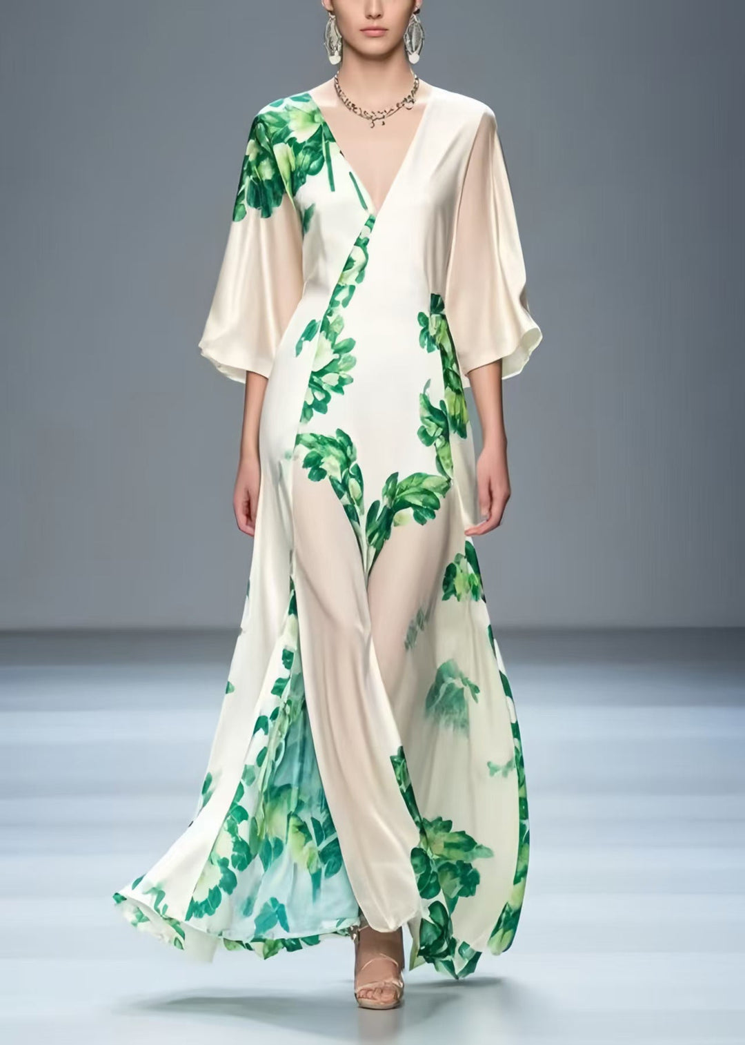 Art White V Neck Leaf Print Silk Party Dress Summer