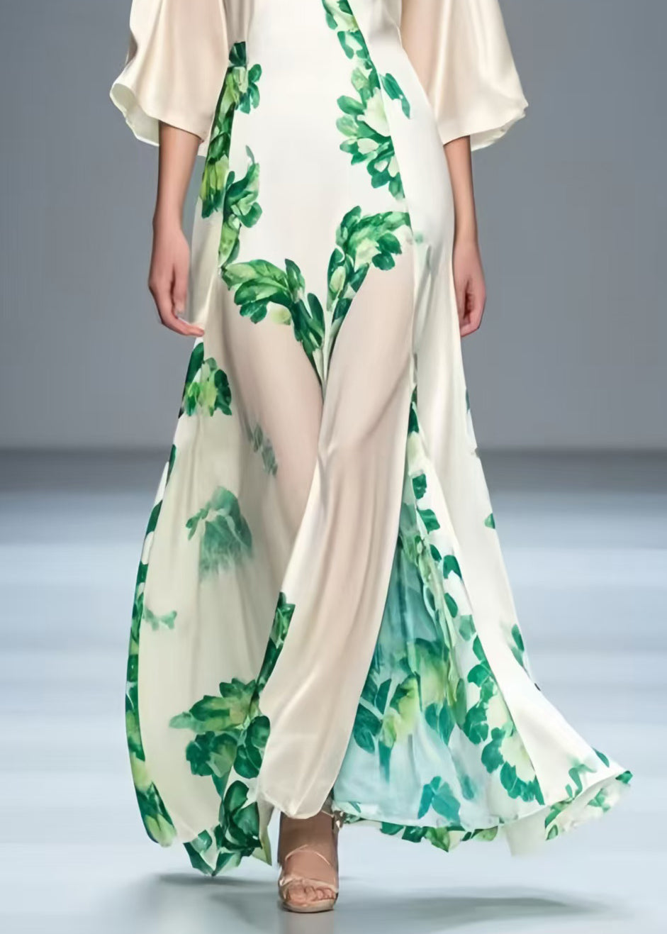 Art White V Neck Leaf Print Silk Party Dress Summer