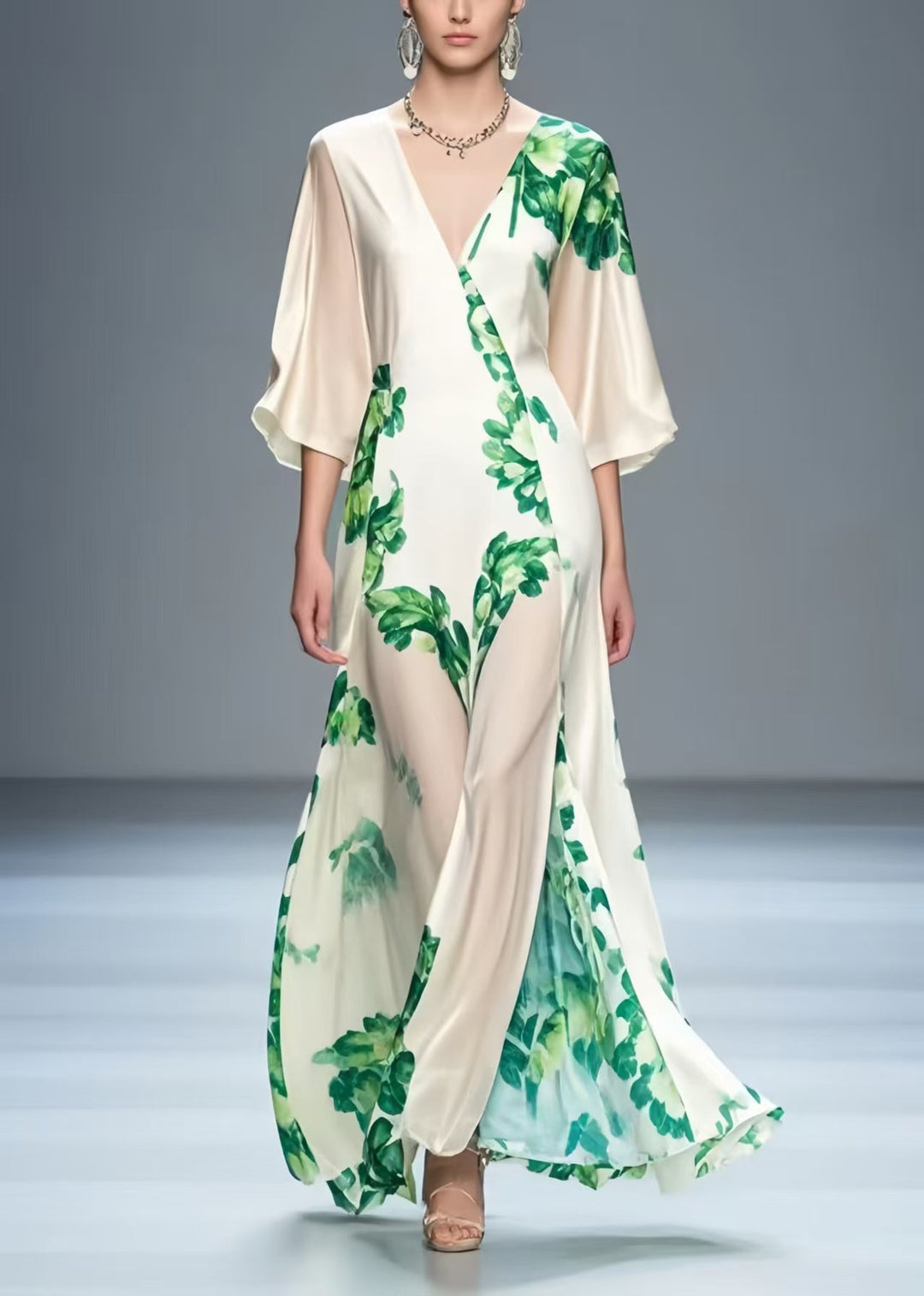 Art White V Neck Leaf Print Silk Party Dress Summer