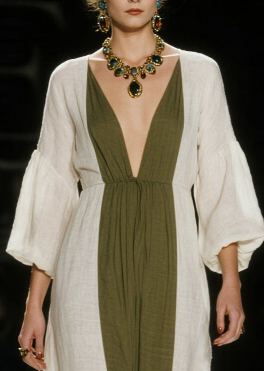 Art White V Neck Patchwork Cotton Ankle Dress Lantern Sleeve