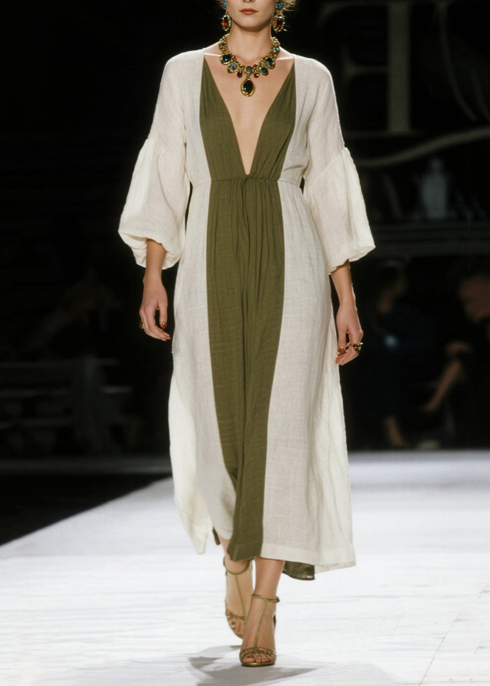 Art White V Neck Patchwork Cotton Ankle Dress Lantern Sleeve