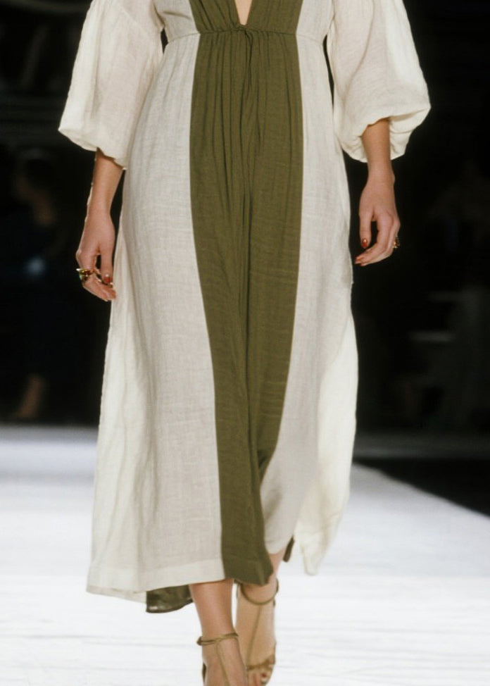 Art White V Neck Patchwork Cotton Ankle Dress Lantern Sleeve