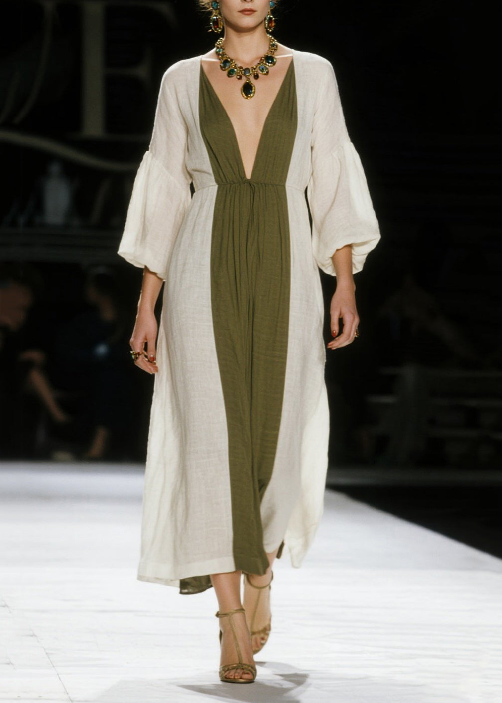 Art White V Neck Patchwork Cotton Ankle Dress Lantern Sleeve